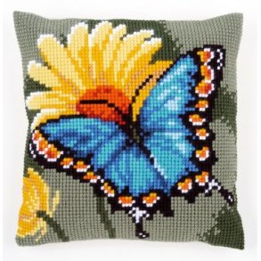 Broderipakning - Stramaj pude - Sommerfugl  og gul blomst
