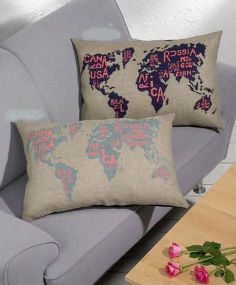 Broderipakning - Pude - Verdenskort Bl