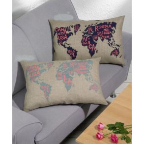 Broderipakning - Pude - Verdenskort GrBl