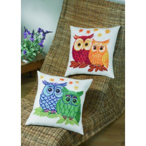 Broderipakning pude - Ugler bl/grn