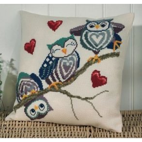 Broderipakning - Pude - 3 sde ugler p en gren