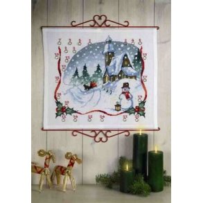 Broderipakning - Julekalender Kirke med kane og snemand