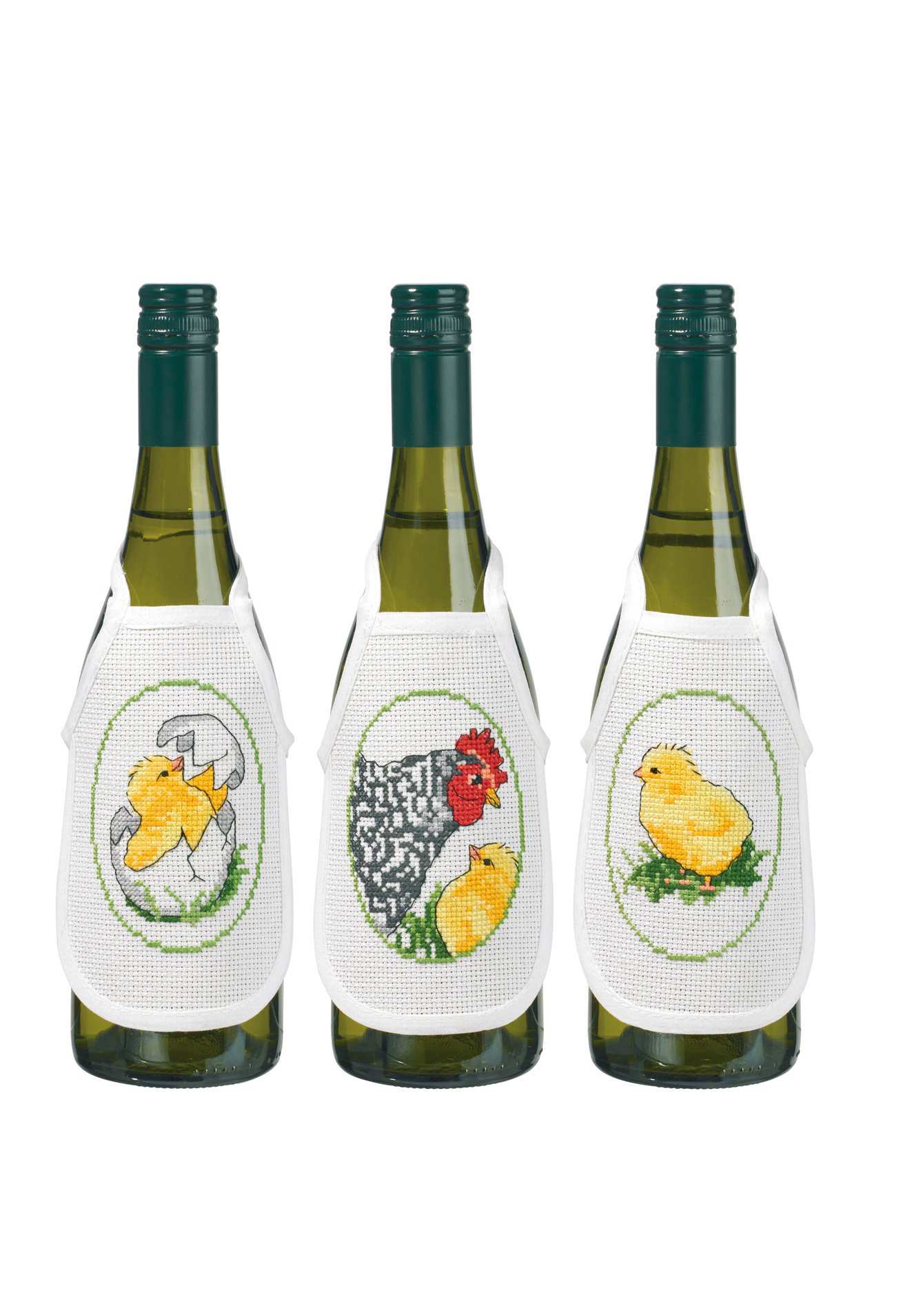 Broderipakning - 3 stk flaskeforklder med pskekyllinger og hnemor