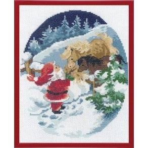 Broderipakning - Julebillede - Julemand fodrer heste