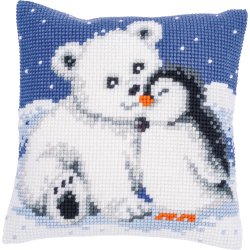 Broderipakning - stramaj pude - Isbjrn med pingvin