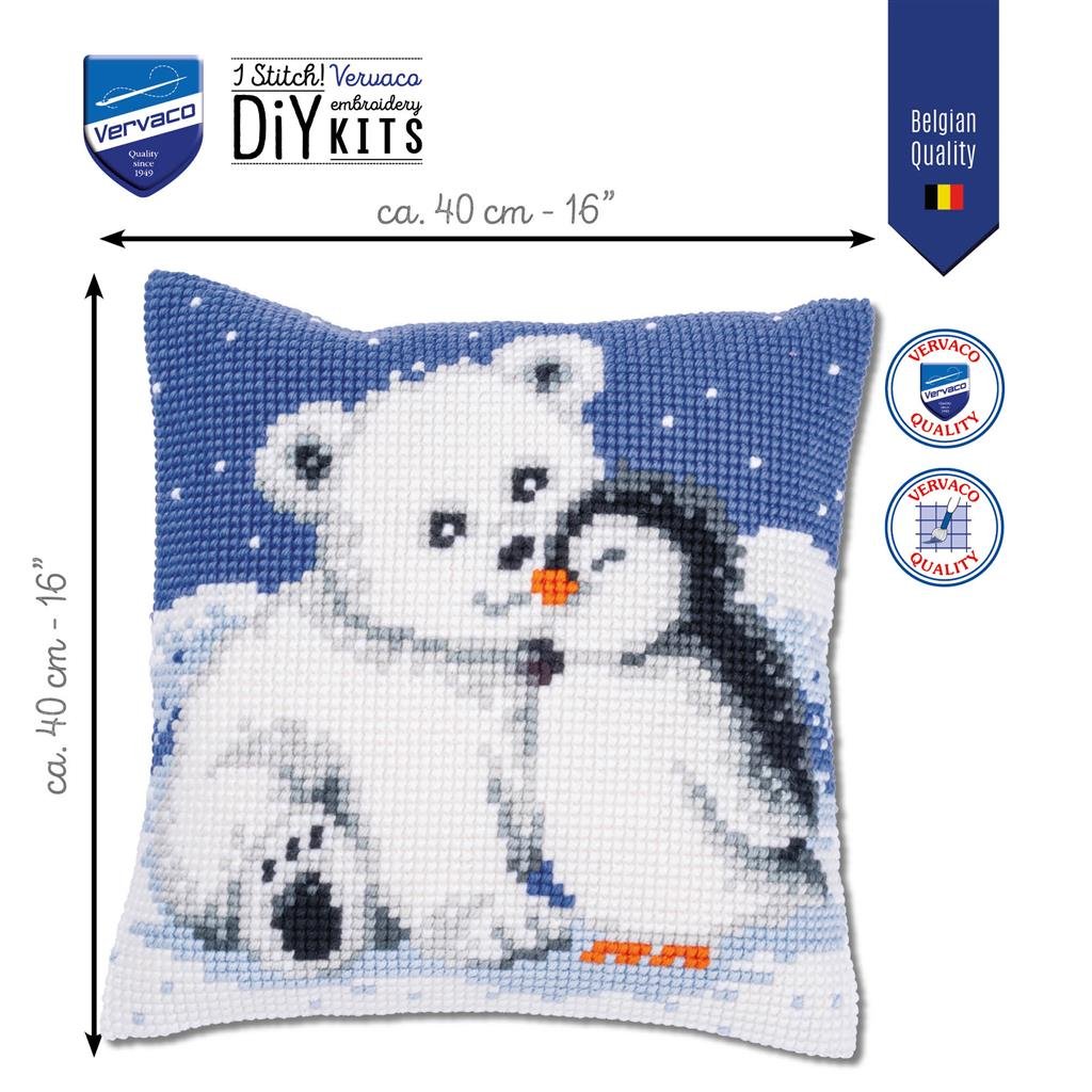Broderipakning - stramaj pude - Isbjrn med pingvin