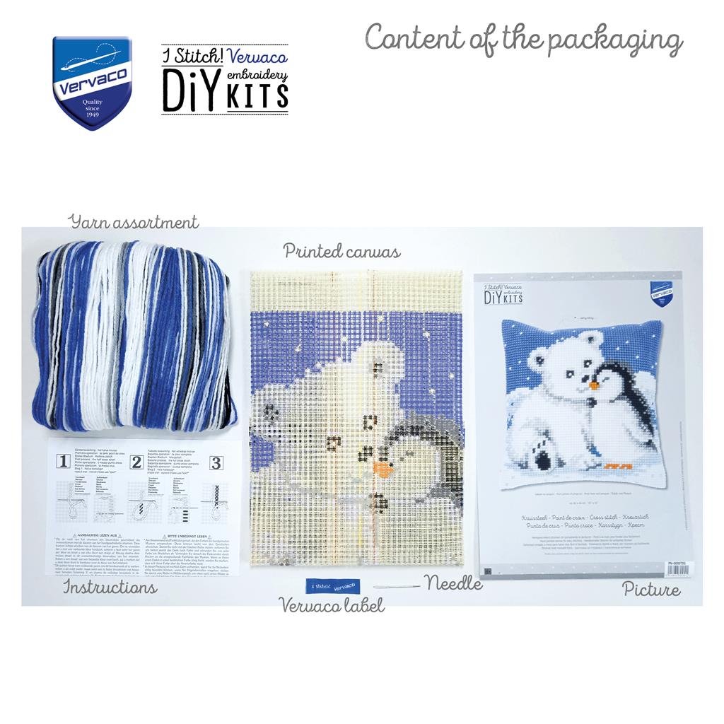 Broderipakning - stramaj pude - Isbjrn med pingvin