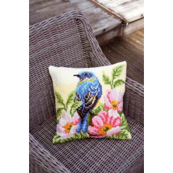 Broderipakning - stramaj pude - Bl fugl i rosenbusk