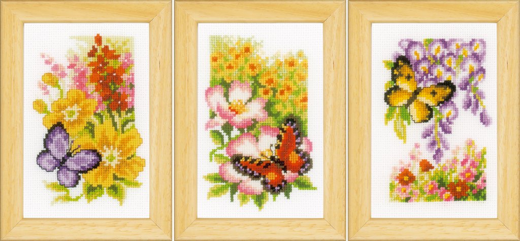 Broderipakning - 3 Sm� billeder - Sommerfugle og blomster