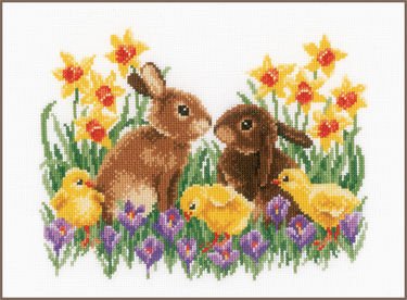 Broderipakning - Billede - Sm harer med kyllinger