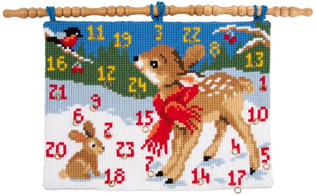 Broderipakning - Julekalender - Bambi med dompap og hare