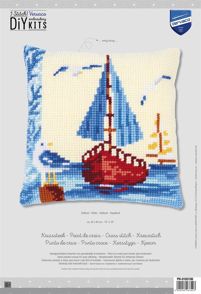 Broderipakning - stramaj pude - Sejlskib p fjorden