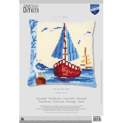 Broderipakning - stramaj pude - Sejlskib p fjorden