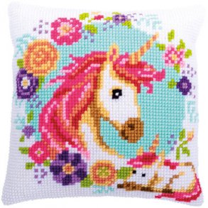 Broderipakning - stramaj pude - Mother and baby unicorn