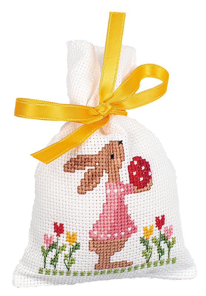 Broderipakning - 3 sm poser til pskeg - Kaniner i tullipanhave