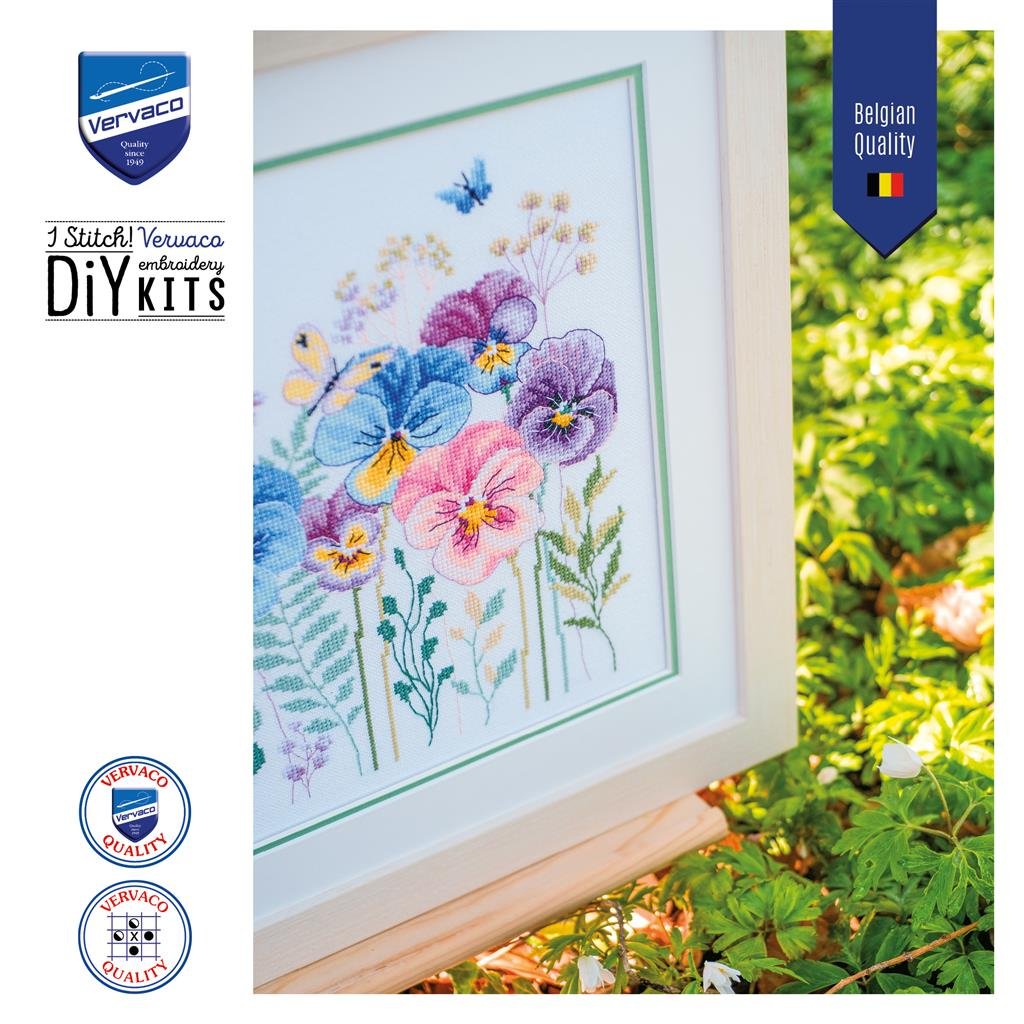 Broderipakning - vgbillede - Stemorblomster i flor