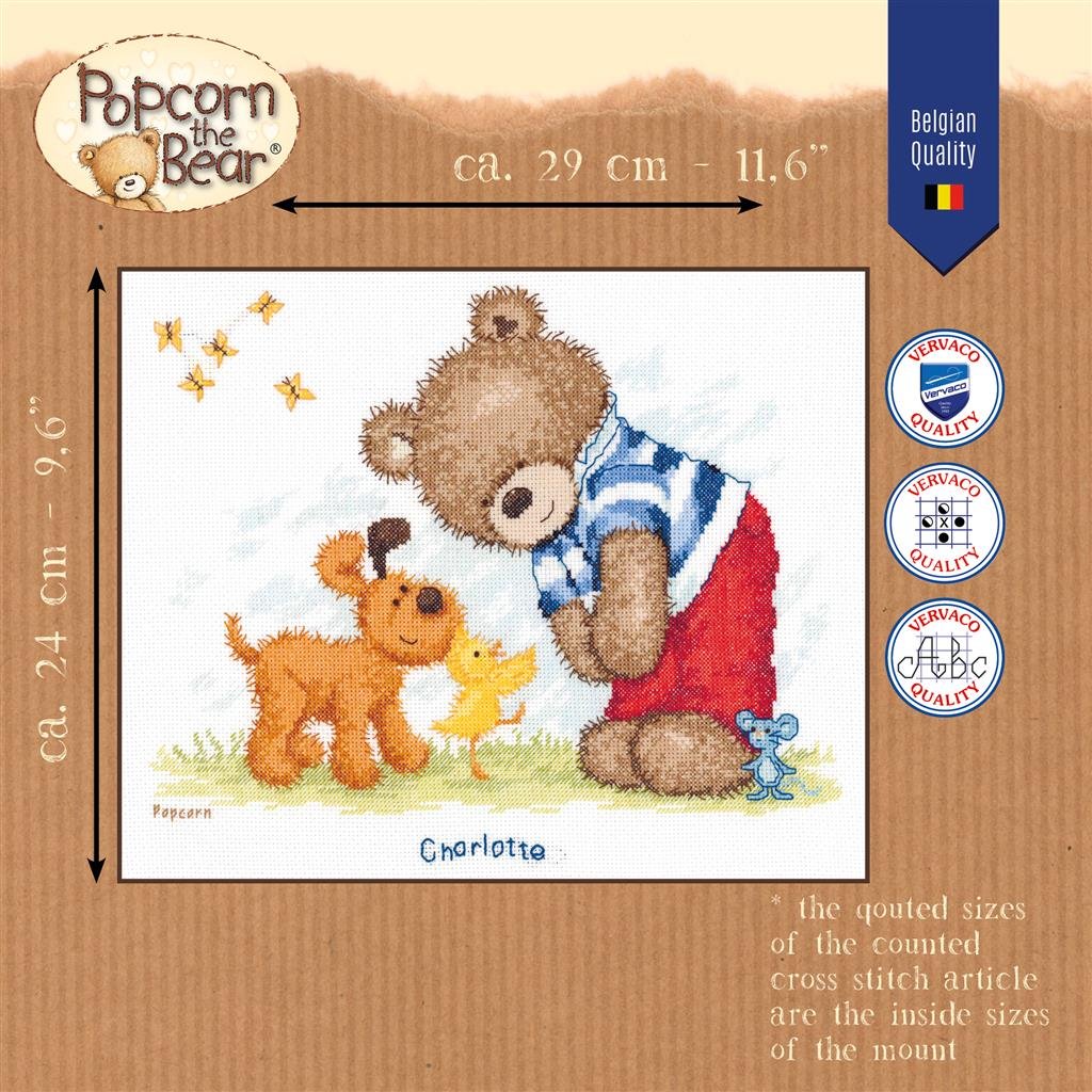 Broderipakning - navneskilt - Popcorn i haven