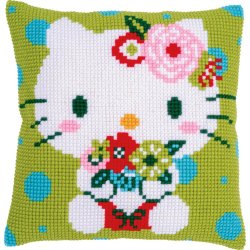 Broderipakning - pude - Hello Kitty i gr�n og bl� dots