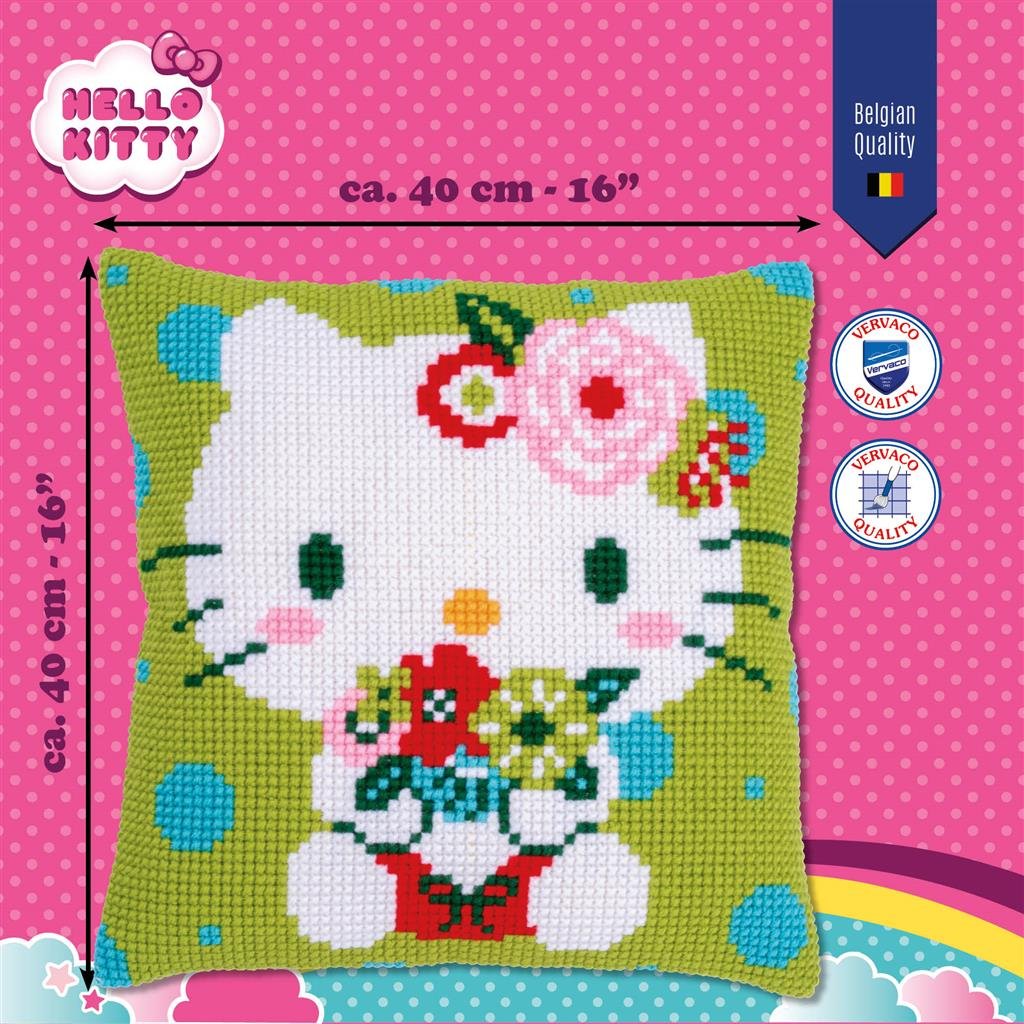 Broderipakning - pude - Hello Kitty i gr�n og bl� dots