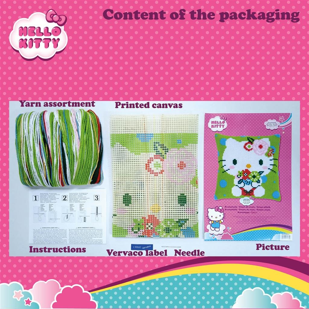 Broderipakning - pude - Hello Kitty i gr�n og bl� dots