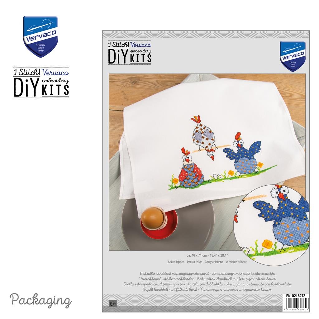 Broderipakning - Viskestykke - Crazy Chickens