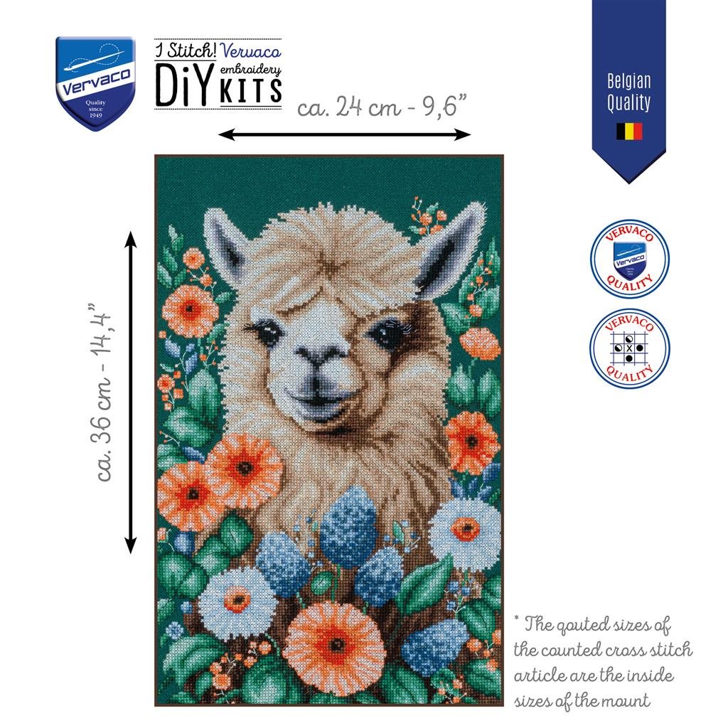 Broderipakning - v�gbillede - Lama / Alpaka i blomster skjul